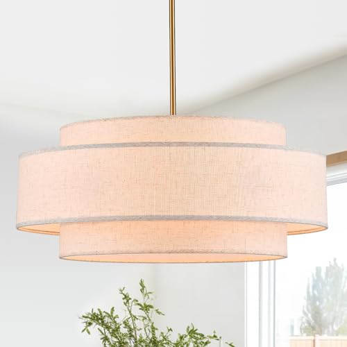 YOMECOO Modern Drum Chandelier Vintage Modern Chandelier Light Fixture with Linen Shade Farmhouse Golden Drum Chandeliers for Dining Room Kitchen Island Living Room Bedroom
