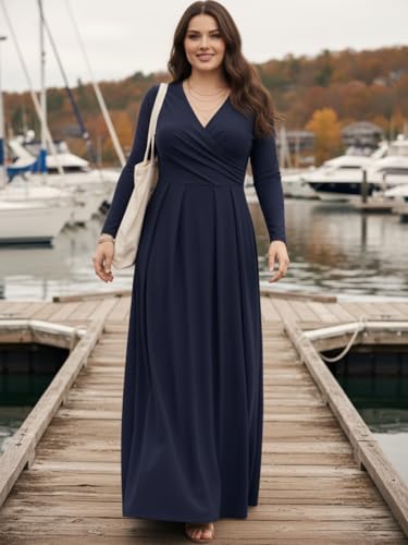 Image of KOH KOH Womens Long Sleeve V-Neck Flowy Modest Elegant Evening Maxi Dress