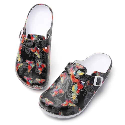 Image of Eliogn Women's Garden Clogs with Print, Waterproof Slip Resistant Work Clogs, Lightweight EVA Slip-On Mules, Cushioned Comfortable Shoes for Nurse, Chef, Kitchen, Beach