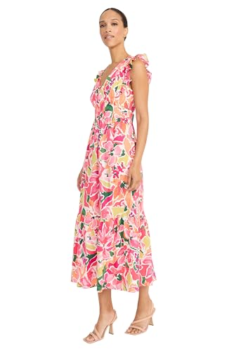 Maggy London Women's Women's Ruffle V-Neck Tiered Midi Dress with Pockets - Lightweight Summer Fit and Flare Wedding Guest Dress