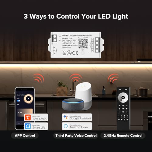 Image of BTF-LIGHTING C01W WiFi Controller for 2pin Single Color (+V -V) LED Strip | PWM dimmer for 5050SMD /COB LED, Compatible with Alexa /Google Home /Smart Life APP, Works with WR02RF RC01RFB Remote, DC12V /24V