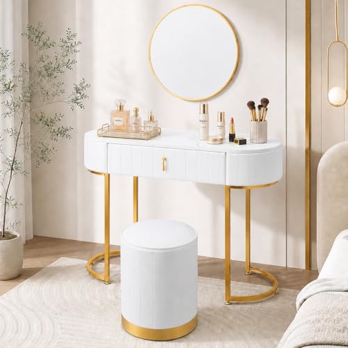 Makika Table de Maquillage/Coiffeuse avec Tabouret et Miroir - Maquillage Vanité Rangement Coiffure Cosmétique Commode Or Cadre Organisateur - Bijoux 1 Tiroir Meubles...