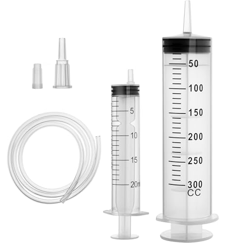 REJOECE 2 Piezas Jeringa de Plástico,300ml/20ml Jeringuilla de Plástico con Manguera, Jeringa Grande,Jeringa aceite Coche para Laboratorios Científicos,Medición,Mejora Doméstica