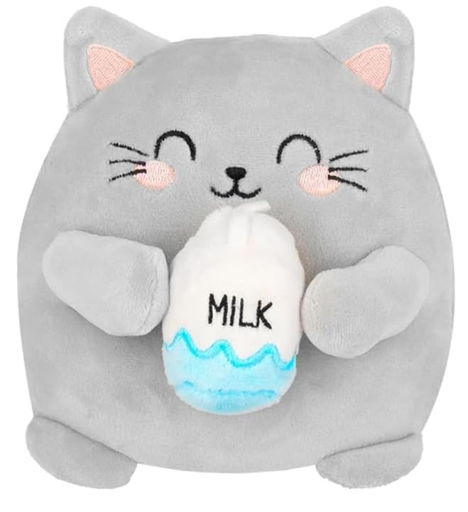 VyxStelyndric Peluche Super Soft Tema Gato - Tamaño Mini, se sostiene Solo, 18 x 19 cm, Gris, Regalo para Adultos y niños