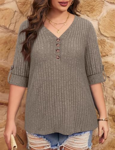 Image of Koscacy Women Plus Size V Neck 3 /4 Roll Sleeve Sweater Casual Knit Tops Solid Color Blouses