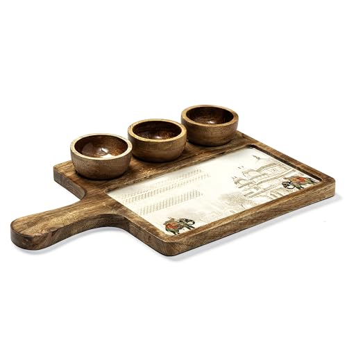 Image of Handcrafted Mango Wood Serving Platter with 3 Dip Bowls | Traditional Elephant Print | Waterproof, Heat-Resistant, Food-Safe Lacquer Finish | 15.5 x 10 Inch | Made in India (3katori-WhiteElephant)