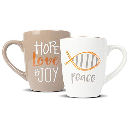 Ceramic Coffee Mug Hope Love Joy Peace Christian Symbol Fish Set of 2 EXULTIMATE Bronze White