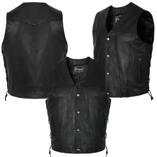 Vance Leather Mens Premium Leather Motorcycle Vest Club Style With Adjustable Laces CCW Pockets Black, X-large