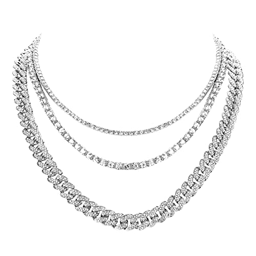 HH BLING EMPIRE Gold Silver Chain Necklace for Men Women Iced Out Diamond Tennis and Cuban Link Chain Necklaces Hip Hop Jewelry Sets 3Pc 18/20/24 Inch (Set B-Silver)