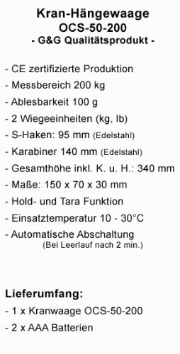 G&G OCS-50 Hängewaage, 200kg/100g, Schwarz, Easy-View LCD Display, HOLD- und TARA-Funktion, Automatische Ausschaltung