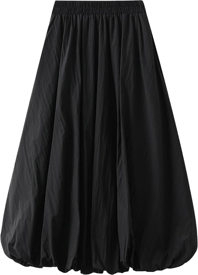 Womens Bubble Long Skirt Elastic Waist A Line Pleated Casual Midi Skirtswith Pocket