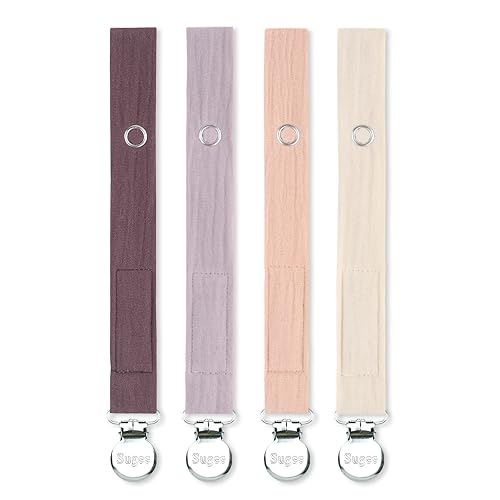 Image of Baby Pacifier Clip Leash Holder Unisex for 4 Pack Gift Set with Neutral Solid Colors ;Soft Linen Pacifier Clips ; Fabric Pacifier Strap with Clip Keeps Pacifiers & Teethers in Place (Purple