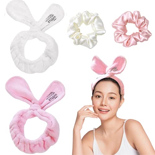 Lacrima 4 Pack Spa Headbands For Women With Scrunchies Bunny Ear Cute Adjustable Headband Stretch For Washing Face Fashion Makeup Skincare Hair Bands Hair Bows(Baby Pink+Pearl White)