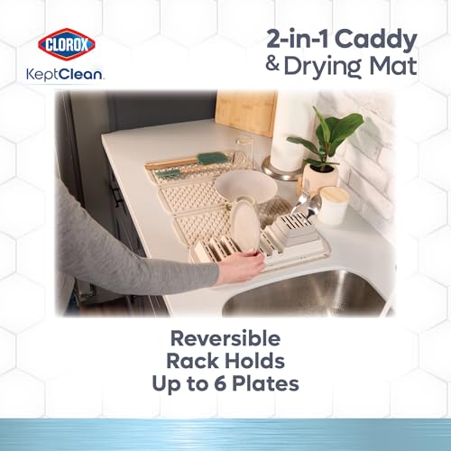 Clorox KeptClean 2-Piece Folding Kitchen Sink Mat and Sink Organizer – Folding Mat for Elevated Drying and Storage, Extending Organizer Dries 6 Plates, Flips to Dry Accessories – Almond Cream by Clorox - Image 6