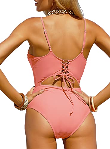 Superprity Womens Front Ruched Backless High Cut Scoop Neck Cutout Monokini Thong Bathing Suit Spaghetti Strap Push Up One Piece Swimsuit-M,Orange #TOP1