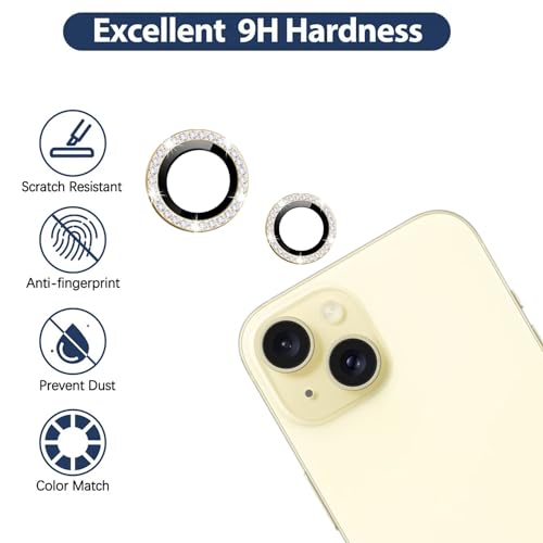 Image of Back Camera Lens Ring Guard Protector for Apple iPhone 15 | Diamond Camera Ring Aluminium Alloy Edge. Yellow