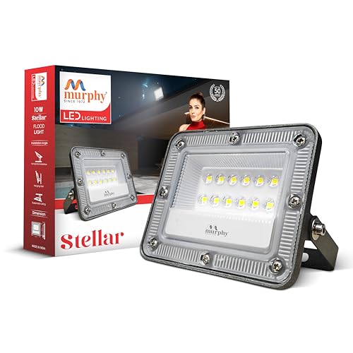 Image of Murphy Stellar 10W LED Flood Light with 2-Year Warranty | Cool White | High Brightness Outdoor LED for Security, Landscape, Warehouse, Backyard | IP66 Waterproof | BIS Approved Pack of 1