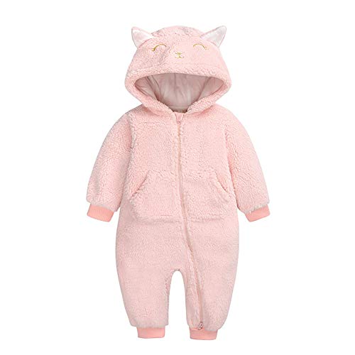 Newborn Baby Boys Girls Snowsuit Hooded Bear Fleece Romper Long Sleeve Jumpsuit Unisex Winter Warm Coats Zipper Jacket Bodysuit Thicken Coveralls Pajamas Outfits Outwear with Pockets Pink 0-3 Months
