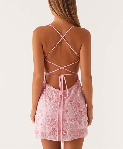 Image of Sastianaen Women Sequin Knit Short Dress Square Neck Starfish Bodycon Mini Dress Slim Fit Tight Party Vacation Beachwear (A Pink, S)