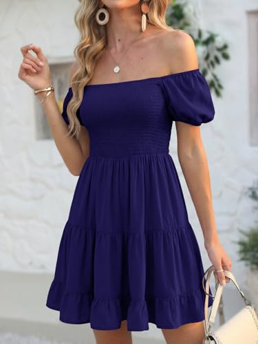 Image of Veatzaer Women's Puff Sleeve Square Neck Smocked Babydoll Dress Boho Floral Print Off Shoulder Ruffle Mini Short Dress