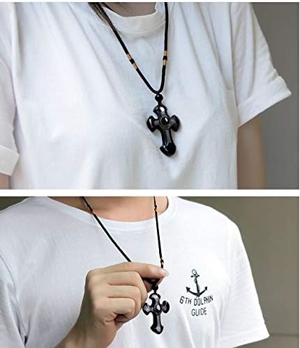 Obsidian Cross Pendant Necklace Gemstone Reiki Yoga Balance Black Gemstone Necklace Nylon String for Men Woman