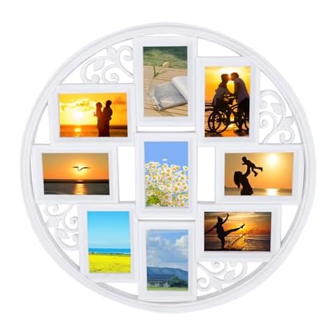 UIdili 4×6 Round Wall Collage Photo Frame, Wall Mounted Picture Photo DIY Collage Frame, Multi-Photo Family Photo Frame Wall Decor with Leaf Decoration for Bedroom Living Room Showroom Hotel, White Cover