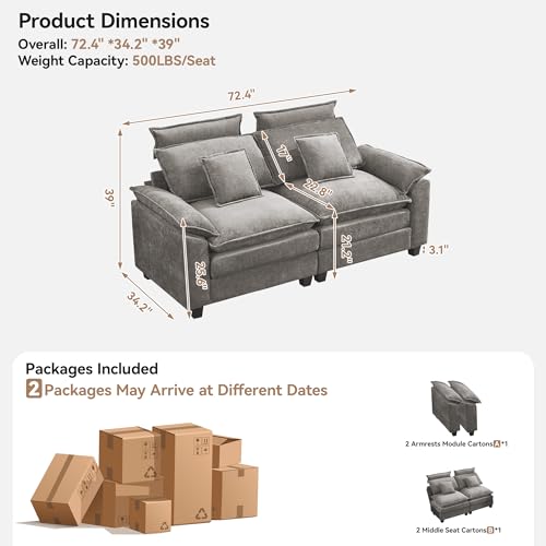 Image of 72'' Cloud Modern Loveseat Couch with Detachable Headrest, Modular Sectional Sofa Couch Deep Love Seat, Oversized 2 Seater Chenille Comfy Sofa with Armrests for Living Room, Light Grey