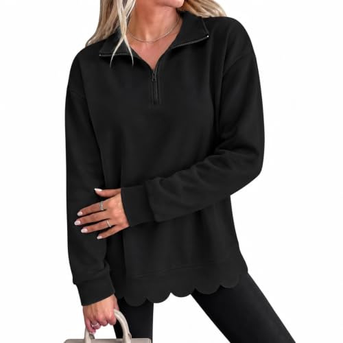 Scalloped Sweatshirt Women Fall Oversized Ruffle Half Zip Pullover Tops - image 2