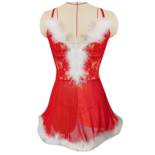 Womens Christmas Sexy Santa Costume Babydoll Chemise Lace Fur Trim Lingerie | Sexy Santa Costume Dress, Lace Christmas Babydoll Chemise, Halter, Fur Trim, Mini Lingerie Pajamas Dress for Christmas Party - image 5