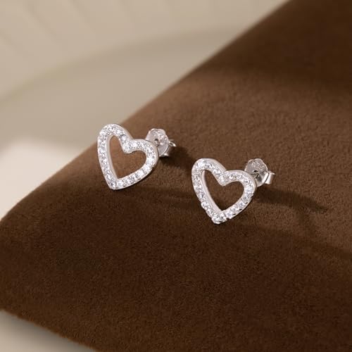 Reffeer Solid 925 Sterling Silver CZ Heart Stud Earrings for Women Teen Girls Open Heart Earrings Stud Hypoallergenic4