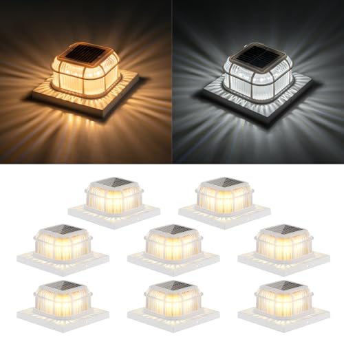 TopVelo Solar Post Light 8 Packs with 4x4, 5x5 and 6x6 Inches Base for Vinyl/Wooden Posts, Bright 16 LEDs Solar Cap Lights with Two Light Modes for Decorating Deck, Patio, Porch, Fence (White)