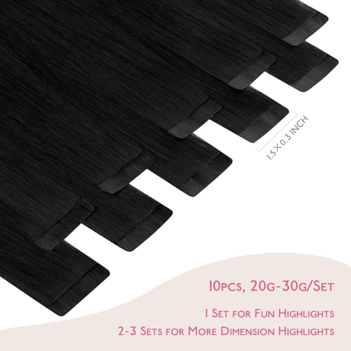 Image of Wennalife Tape in Hair Extensions Human Hair Jet Black Tape in Extensions, 10pcs 20g 10 inch Remy Invisible Tape Ins Straight Colored Soft Real Human Hair Tape in Extensions Refill Set Extensions