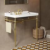 Yayzy 36” Console Bathroom Sink Vanity with White Ceramic Basin, Gold Stainless Steel Legs, Side Towel Bar...