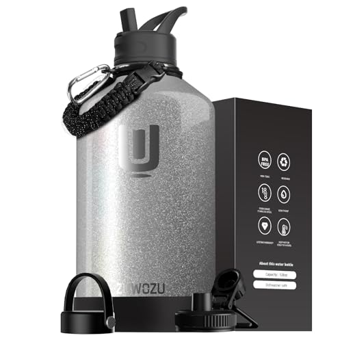 ZUWOZU One Gallon Water Bottle Insulated,128oz Large Stainless Steel Water Bottles with Straw, 3 Lids and Paracord Handle,Big Gallon Water Jug for Gym and Outdoor Sports