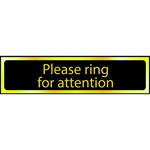 Image of Metal Self Adhesive Sign - Please ring for attention - Black with Gold Text - 200mm x 50mm - Door Sign/Wall Sign/Desk Sign/Cupboard Sign (Please ring bell for attention, Black with Gold Text)