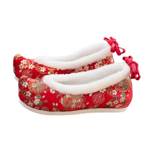 Chaussures Hanfu brodées rouges en coton avec talon compensé caché taille 39