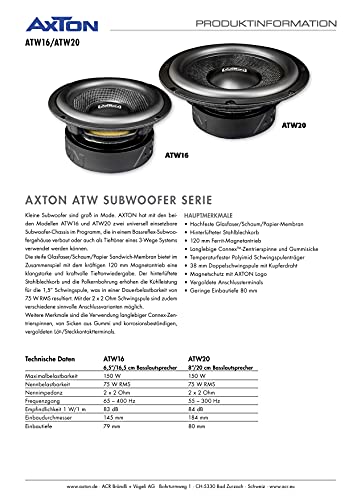 AXTON ATW 20: 20 cm Subwoofer, Woofer für Auto, 2 x 2 Ohm, 75 W RMS