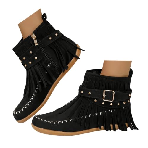GRMLOSSG Women's Fringe Soft Suede Ankle Boots Wide Width Round Toe Low Heel Zipper Tassel Western Moccasin Booties Warm Winter Pull On Retro Boho Flat Outdoor Dress Walking Shoes