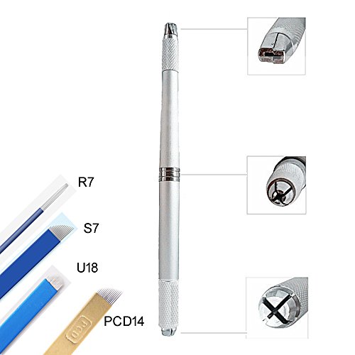 Eyebrow Tattooing Pen Semi Permanent Makeup Tool for Microblading Eyeborw Lip with 4 Needles (S7+R7+U18+PCD14) Silver