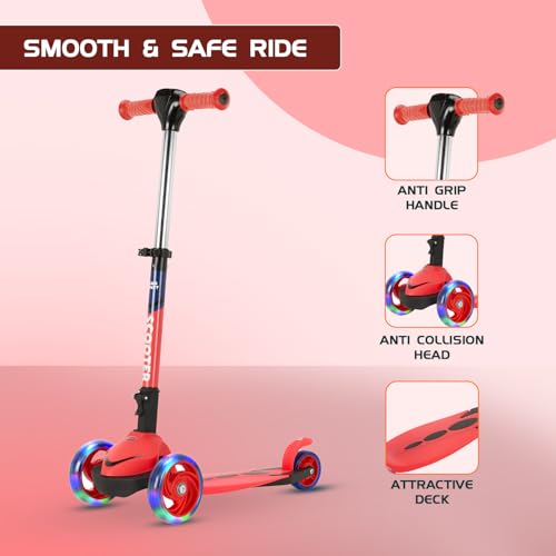 Image of AMAZON BRAND JAM & HONEY 3 Wheel Kids Scooter with RGB Light-UP Wheels,Foldable Design & Height Adjustment-BIS Certified-Indoor & Outdoor USE, RED /Blue (UP to 20 KG)
