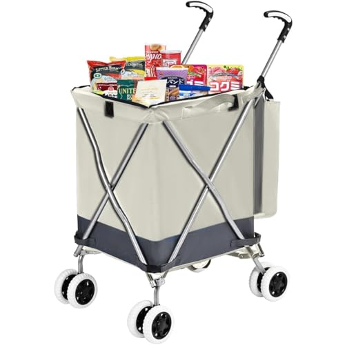 Image of Folding Grocery Shopping Cart Rolling Utility Cart with 360 Double Front Swivel Wheels Waterproof Removable Canvas Bag with Cover for Laundry Grocery, Shopping, Baggage, Picnic (Green)