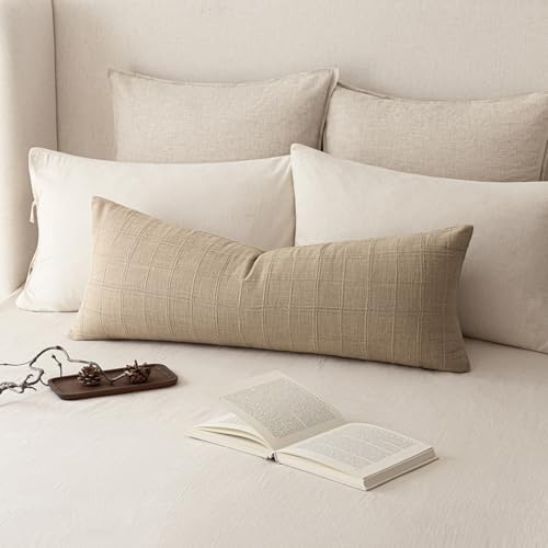 Image of Foindtower Set of 1 Decorative Linen Check Throw Pillow Cover Neutral Farmhouse Lumbar Cushion Cover Soild Modern Coastal Boho Home Decor for Sofa Chair Couch Bedroom Living Room,14x36 Inch,Camel