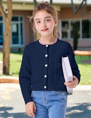 Girls Cardigan Long Sleeve Chunky Cable Knit Cardigan for Girls Button Front Uniform School Sweater 5-14Y3