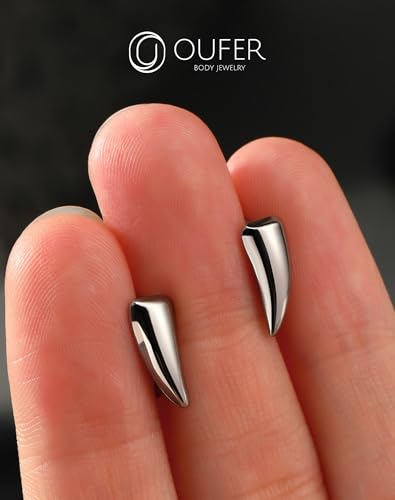 OUFER 2PCS Fake Lip Rings, Vampire Fangs Lip Cuff Piercing Jewelry Hoops, Adjustable Faux Non-Piercing Labret Piercing Jewelry For Women Men-Silver/Black4