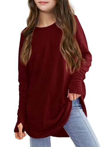 Girls Thumb Holes Long Sleeve Shirts Kids Crewneck Hem Loose Tunic Tops 5-14 Years