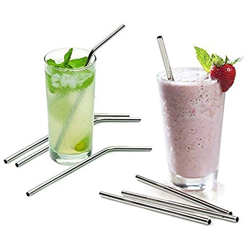 Image of E-COSMOS Reusable Stainless Steel Straws for Drinking with Brushes 8.5 Inches BPA-Free Metal, Thick, Long (2 Bent + 2 Straight +1 Brush)