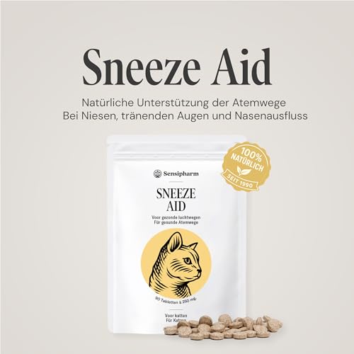 Sensipharm Sneeze Aid - Katzenschnupfen Tabletten für Katzen bei Niesen, Schnupfen & Nasenausfluss - Natürliche Kräuterformel zur Unterstützung der Atemwege & Abwehr - 90 Tabletten