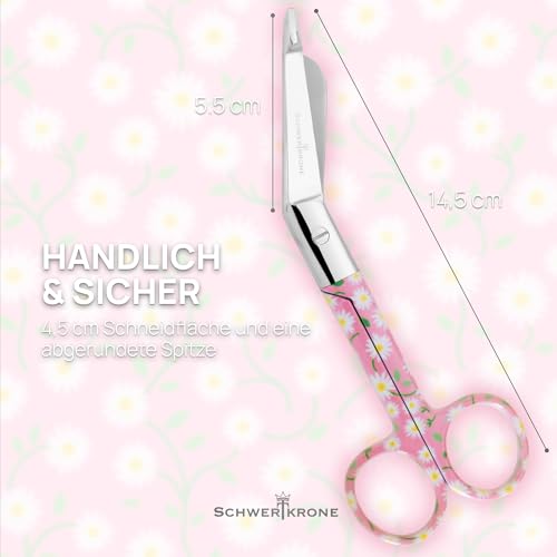 SCHWERTKRONE® Verbandsschere Edelstahl – scharfe, gebogene Lister Schere mit Sicherheits-Spitze | Pflege- & Krankenschwester Schere mit farbigem Design | robust, präzise & ideal für Verbände