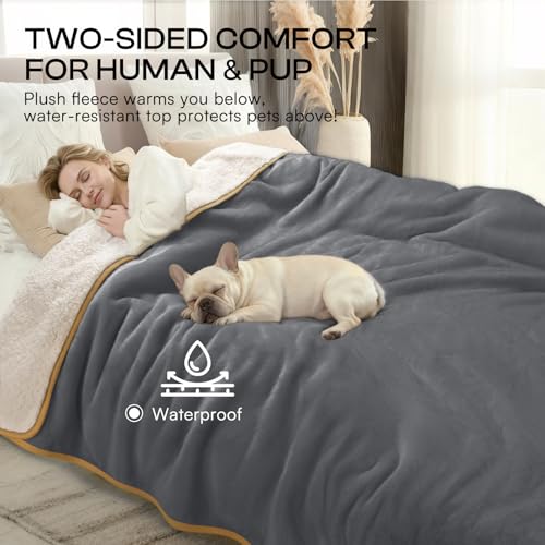 Image of Waterproof Pet Blanket, Liquid Pee Proof Dog Blanket for Sofa Bed Couch, Reversible Sherpa Fleece Furniture Protector Cover for Small Medium Large Dogs Cats, Grey+Beige X-Large(85 inch x 57 inch)