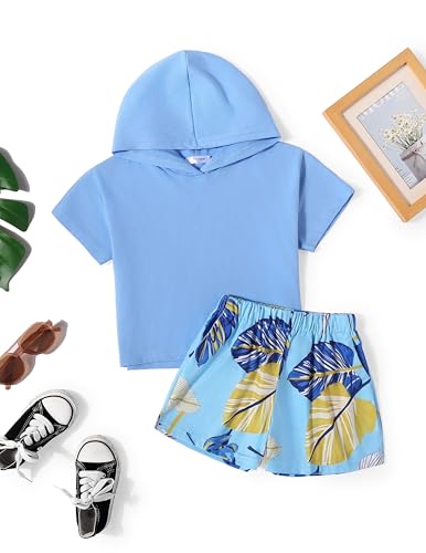 Image of Girls Summer Outfits Kids Hooded-Shirts and Elastic Waist Shorts Sets | short sleeve drop shoulder hooded shirt and shorts with two pockets tie dye leopard letter